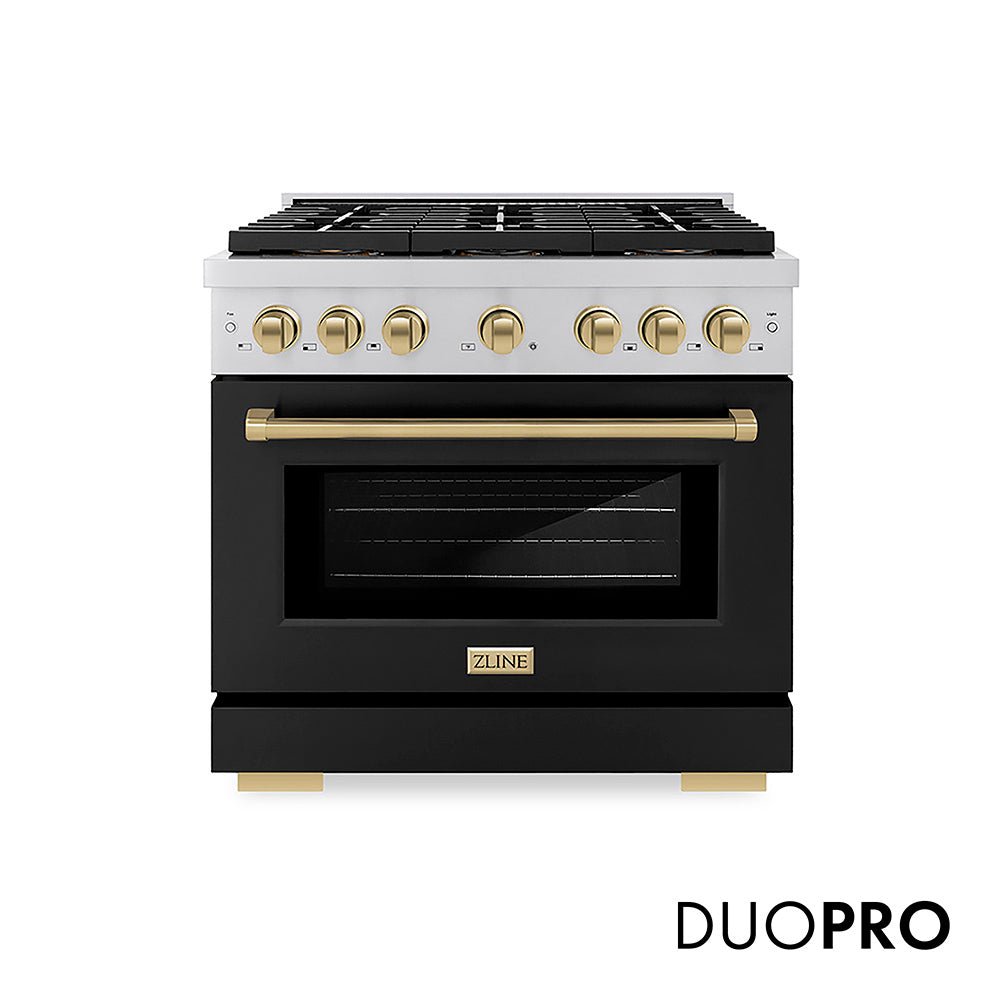 ZLINE Autograph Edition 36 in. 5.2 cu. ft. Paramount Dual Fuel Range with 6 Burner DuoProâ„¢ Cooktop and Electric Convection Oven with Black Matte Door and Champagne Bronze Accents (PSDRZ-BLM-36-CB)