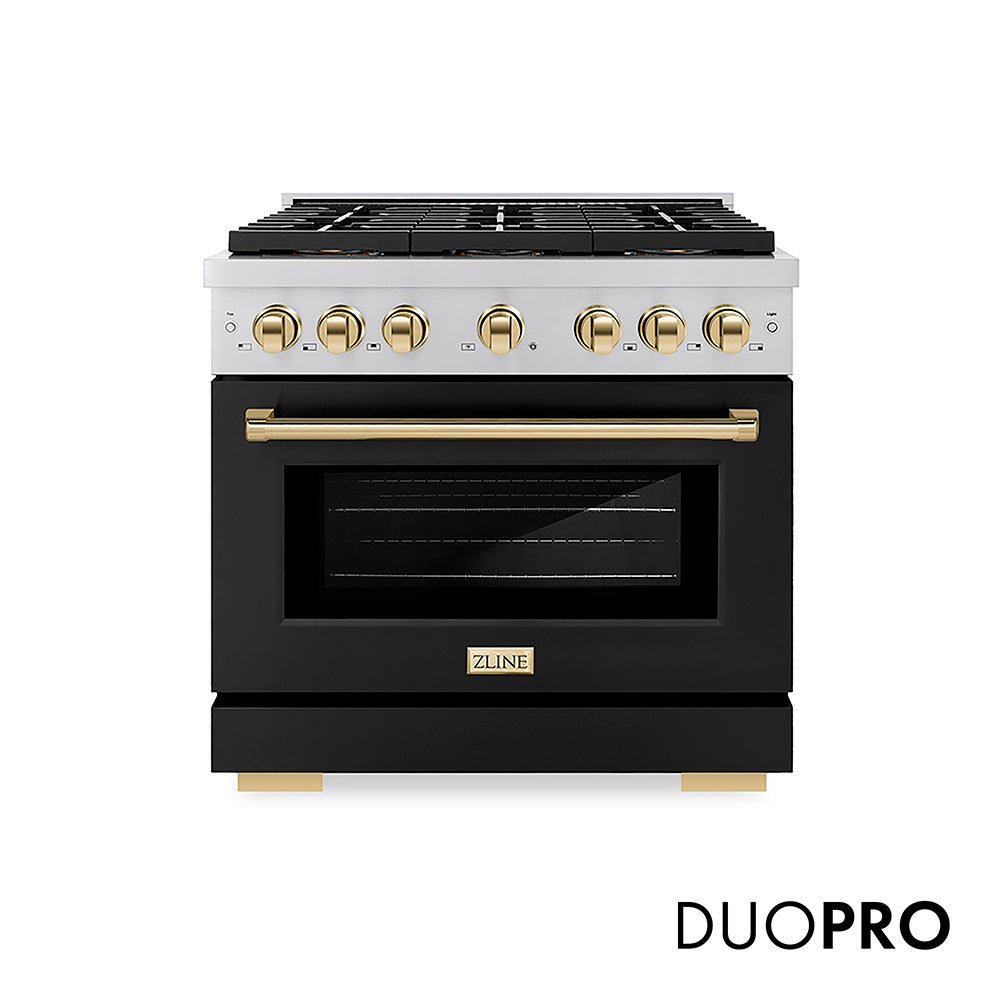 ZLINE Autograph Edition 36 in. 5.2 cu. ft. Paramount Dual Fuel Range with 6 Burner DuoProâ„¢ Cooktop and Electric Convection Oven with Black Matte Door and Polished Gold Accents (PSDRZ-BLM-36-G)