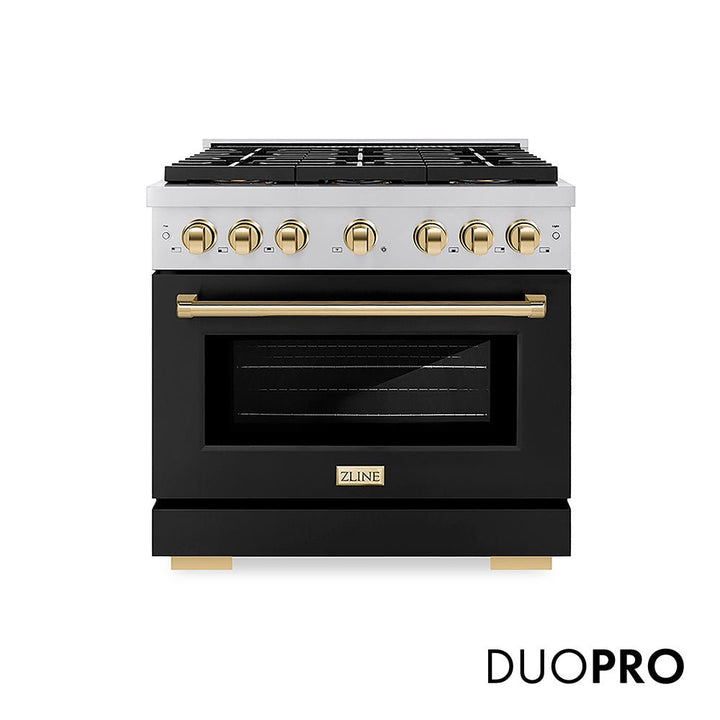 ZLINE Autograph Edition 36 in. 5.2 cu. ft. Paramount Dual Fuel Range with 6 Burner DuoProâ„¢ Cooktop and Electric Convection Oven with Black Matte Door and Polished Gold Accents (PSDRZ-BLM-36-G)