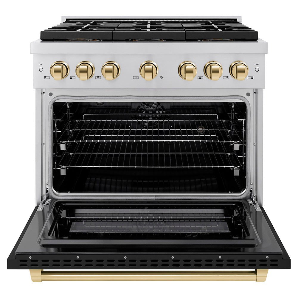 ZLINE Autograph Edition 36 in. 5.2 cu. ft. Paramount Dual Fuel Range with 6 Burner DuoProâ„¢ Cooktop and Electric Convection Oven with Black Matte Door and Polished Gold Accents (PSDRZ-BLM-36-G)