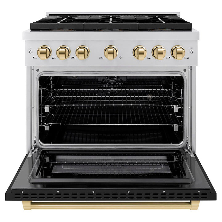 ZLINE Autograph Edition 36 in. 5.2 cu. ft. Paramount Dual Fuel Range with 6 Burner DuoProâ„¢ Cooktop and Electric Convection Oven with Black Matte Door and Polished Gold Accents (PSDRZ-BLM-36-G)