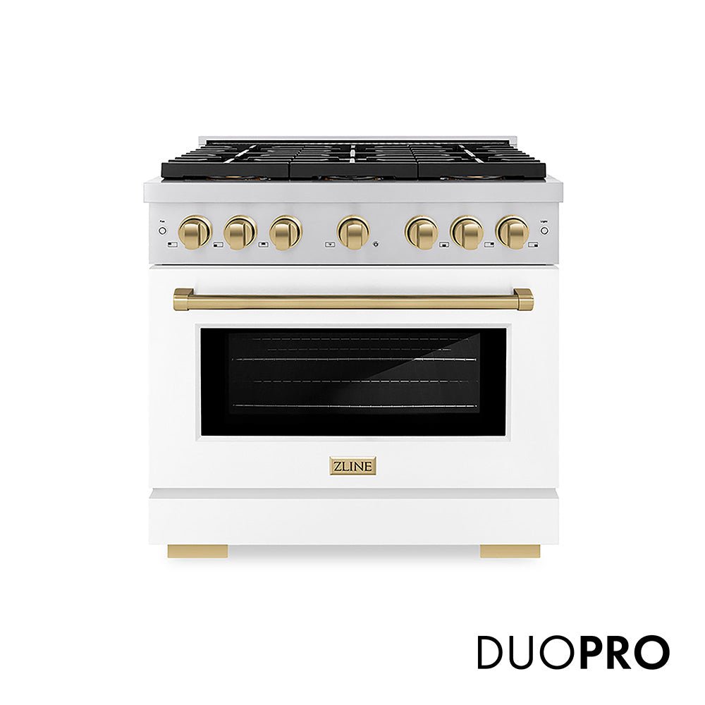 ZLINE Autograph Edition 36 in. 5.2 cu. ft. Paramount Dual Fuel Range with 6 Burner DuoProâ„¢ Cooktop and Electric Convection Oven with White Matte Door and Champagne Bronze Accents (PSDRZ-WM-36-CB)
