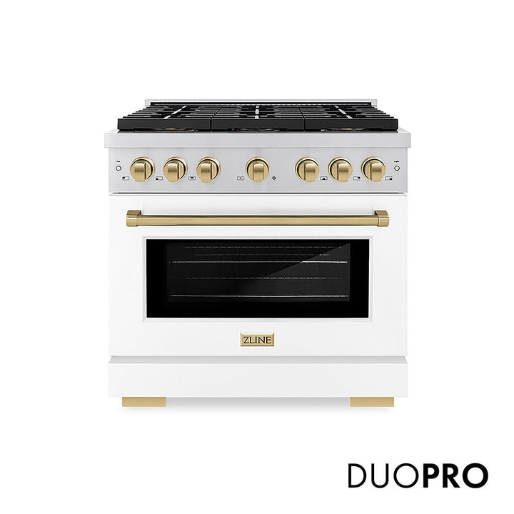 ZLINE Autograph Edition 36 in. 5.2 cu. ft. Paramount Dual Fuel Range with 6 Burner DuoProâ„¢ Cooktop and Electric Convection Oven with White Matte Door and Champagne Bronze Accents (PSDRZ-WM-36-CB)