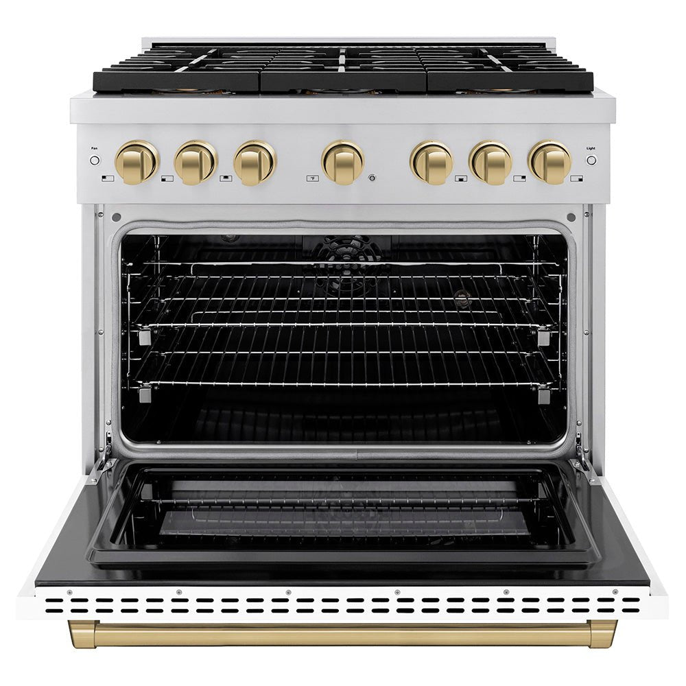 ZLINE Autograph Edition 36 in. 5.2 cu. ft. Paramount Dual Fuel Range with 6 Burner DuoProâ„¢ Cooktop and Electric Convection Oven with White Matte Door and Champagne Bronze Accents (PSDRZ-WM-36-CB)