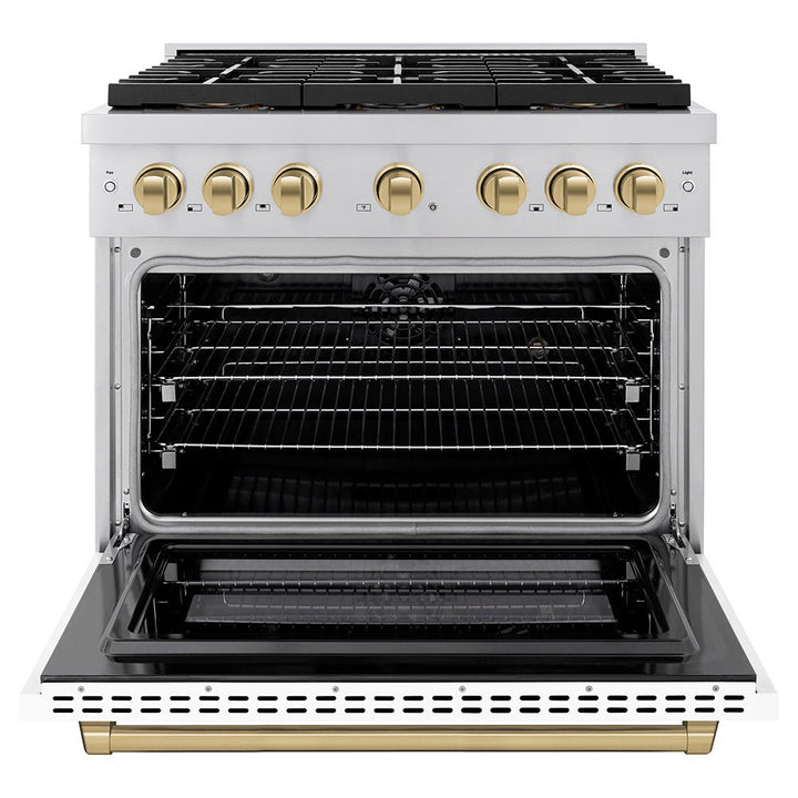 ZLINE Autograph Edition 36 in. 5.2 cu. ft. Paramount Dual Fuel Range with 6 Burner DuoProâ„¢ Cooktop and Electric Convection Oven with White Matte Door and Champagne Bronze Accents (PSDRZ-WM-36-CB)