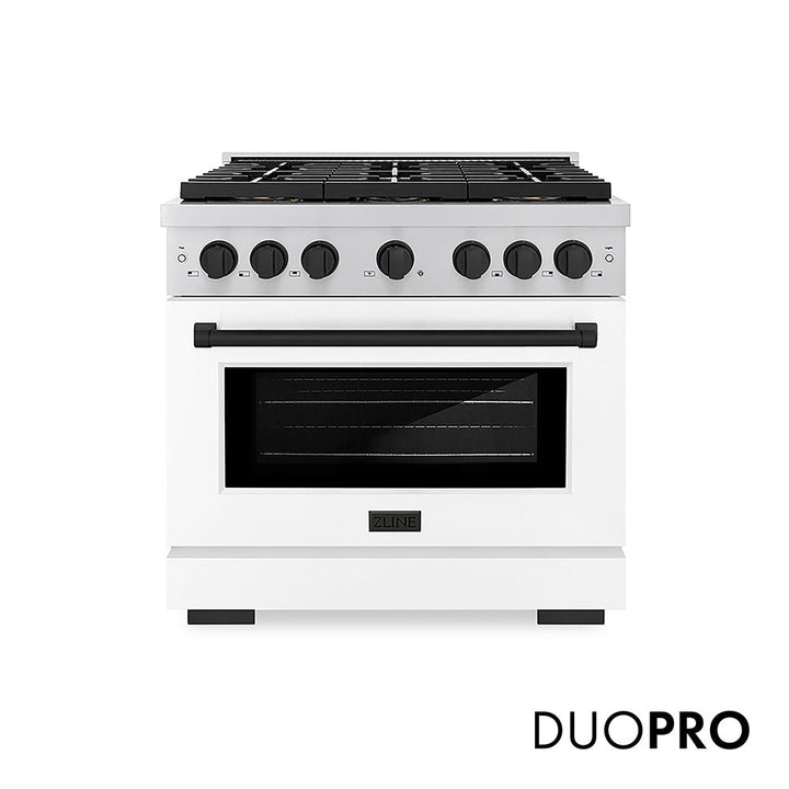 ZLINE Autograph Edition 36 in. 5.2 cu. ft. Paramount Dual Fuel Range with 6 Burner DuoProâ„¢ Cooktop and Electric Convection Oven with White Matte Door and Matte Black Accents (PSDRZ-WM-36-MB)