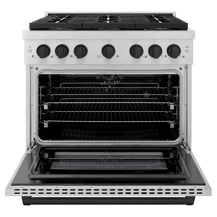 ZLINE Autograph Edition 36 in. 5.2 cu. ft. Paramount Dual Fuel Range with 6 Burner DuoProâ„¢ Cooktop and Electric Convection Oven with White Matte Door and Matte Black Accents (PSDRZ-WM-36-MB)