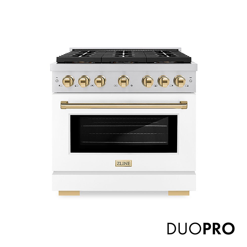 ZLINE Autograph Edition 36 in. 5.2 cu. ft. Paramount Dual Fuel Range with 6 Burner DuoProâ„¢ Cooktop and Electric Convection Oven with White Matte Door and Polished Gold Accents (PSDRZ-WM-36-G)