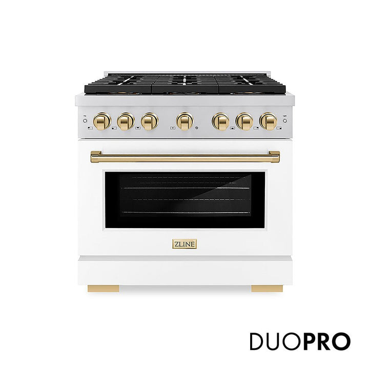 ZLINE Autograph Edition 36 in. 5.2 cu. ft. Paramount Dual Fuel Range with 6 Burner DuoProâ„¢ Cooktop and Electric Convection Oven with White Matte Door and Polished Gold Accents (PSDRZ-WM-36-G)
