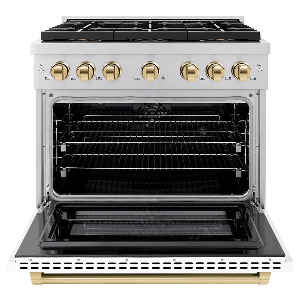 ZLINE Autograph Edition 36 in. 5.2 cu. ft. Paramount Dual Fuel Range with 6 Burner DuoProâ„¢ Cooktop and Electric Convection Oven with White Matte Door and Polished Gold Accents (PSDRZ-WM-36-G)