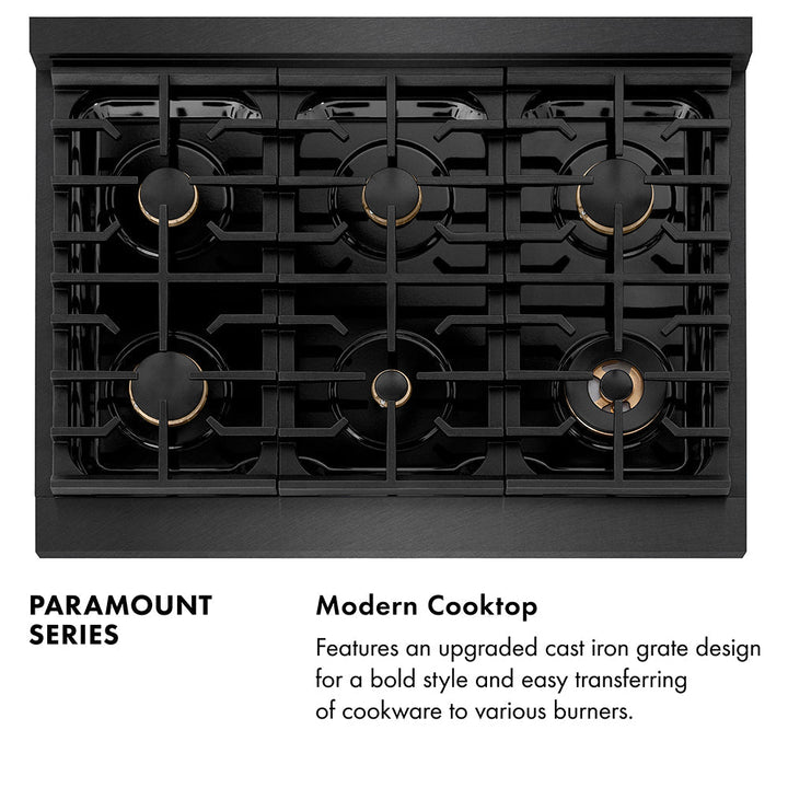 ZLINE Autograph Edition 36 in. 5.2 cu. ft. Paramount Dual Fuel Range with 6 Burner Gas Cooktop and Electric Convection Oven in Black Satin Stainless Steel with Champagne Bronze Accents (SDRBSZ-36-CB)