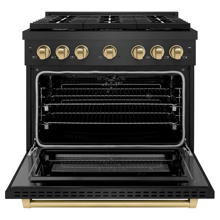 ZLINE Autograph Edition 36 in. 5.2 cu. ft. Paramount Dual Fuel Range with 6 Burner Gas Cooktop and Electric Convection Oven in Black Satin Stainless Steel with Champagne Bronze Accents (SDRBSZ-36-CB)