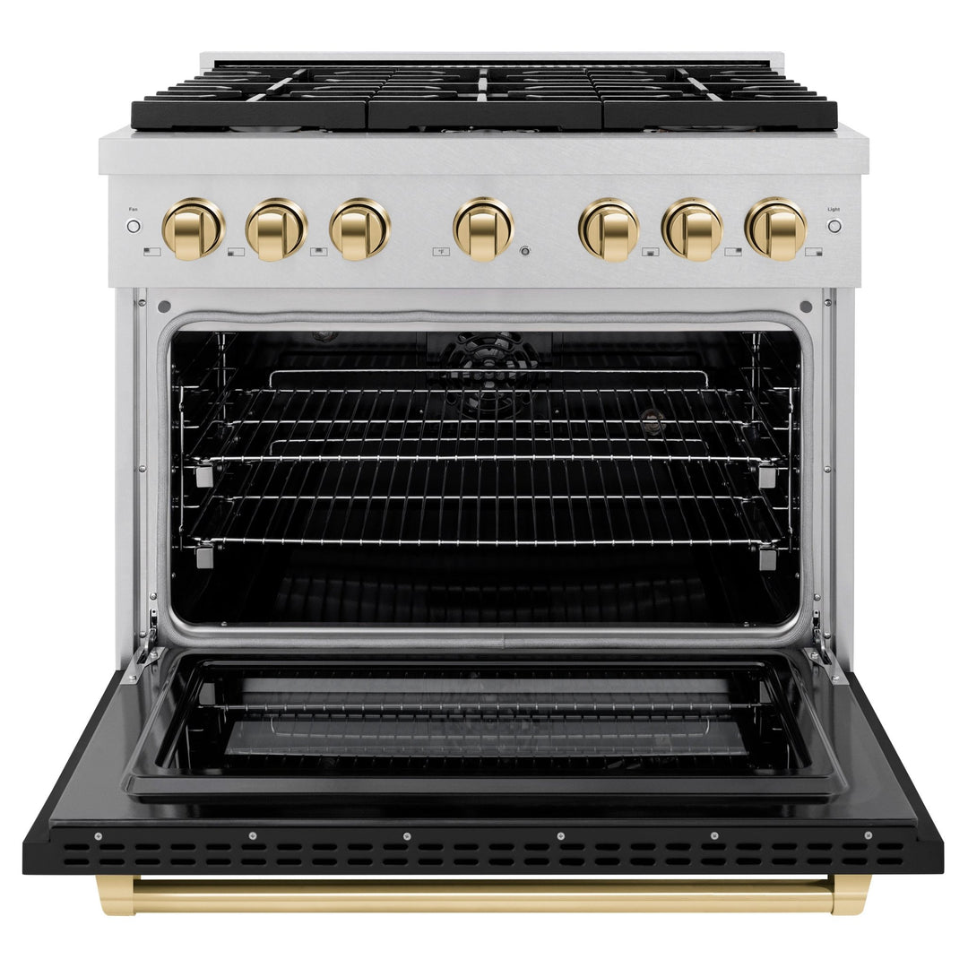 ZLINE Autograph Edition 36 in. 5.2 cu. ft. Paramount Dual Fuel Range with 6 Burner Gas Cooktop and Electric Convection Oven in Satin Stainless Steel with Black Matte Door and Polished Gold Accents (SDRSZ-BLM-36-G)