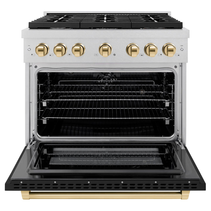 ZLINE Autograph Edition 36 in. 5.2 cu. ft. Paramount Dual Fuel Range with 6 Burner Gas Cooktop and Electric Convection Oven in Satin Stainless Steel with Black Matte Door and Polished Gold Accents (SDRSZ-BLM-36-G)