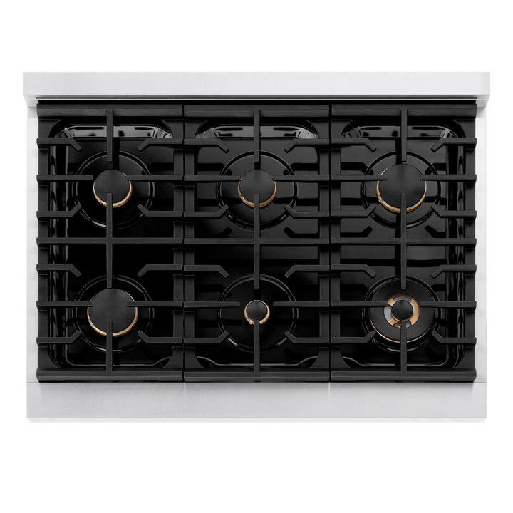 ZLINE Autograph Edition 36 in. 5.2 cu. ft. Paramount Dual Fuel Range with 6 Burner Gas Cooktop and Electric Convection Oven in Satin Stainless Steel with Black Matte Door and Polished Gold Accents (SDRSZ-BLM-36-G)