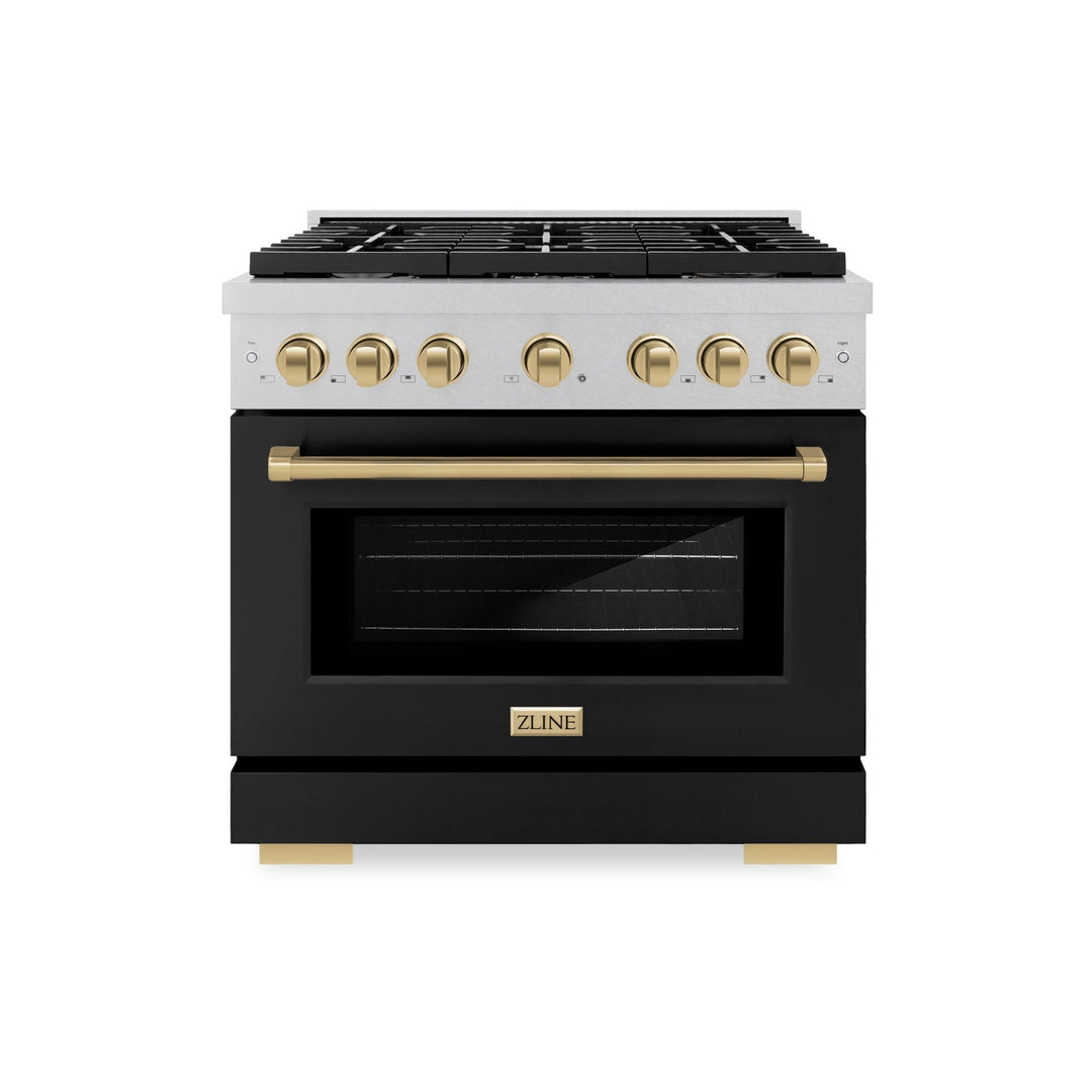 ZLINE Autograph Edition 36 in. 5.2 cu. ft. Paramount Dual Fuel Range with 6 Burner Gas Cooktop and Electric Convection Oven in Satin Stainless Steel with Black Matte Door and Champagne Bronze Accents (SDRSZ-BLM-36-CB)