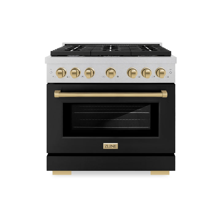 ZLINE Autograph Edition 36 in. 5.2 cu. ft. Paramount Dual Fuel Range with 6 Burner Gas Cooktop and Electric Convection Oven in Satin Stainless Steel with Black Matte Door and Champagne Bronze Accents (SDRSZ-BLM-36-CB)