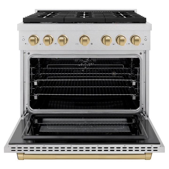 ZLINE Autograph Edition 36 in. 5.2 cu. ft. Paramount Dual Fuel Range with 6 Burner Gas Cooktop and Electric Convection Oven in Satin Stainless Steel with Champagne Bronze Accents (SDRSZ-36-CB)