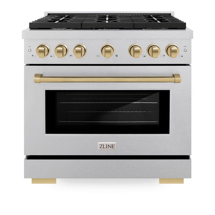 ZLINE Autograph Edition 36 in. 5.2 cu. ft. Paramount Dual Fuel Range with 6 Burner Gas Cooktop and Electric Convection Oven in Satin Stainless Steel with Champagne Bronze Accents (SDRSZ-36-CB)