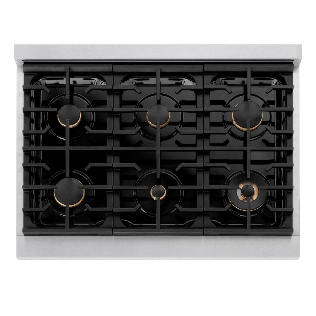 ZLINE Autograph Edition 36 in. 5.2 cu. ft. Paramount Dual Fuel Range with 6 Burner Gas Cooktop and Electric Convection Oven in Satin Stainless Steel with Champagne Bronze Accents (SDRSZ-36-CB)