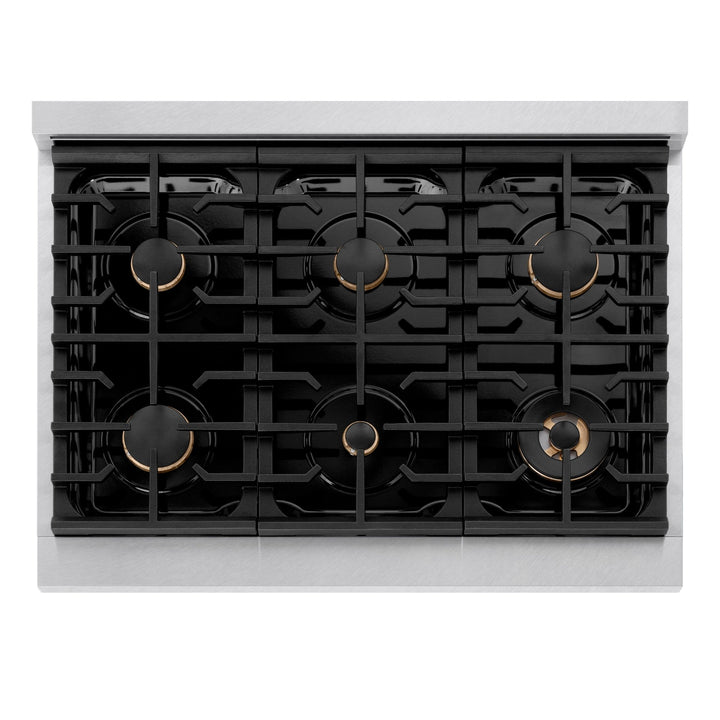 ZLINE Autograph Edition 36 in. 5.2 cu. ft. Paramount Dual Fuel Range with 6 Burner Gas Cooktop and Electric Convection Oven in Satin Stainless Steel with Champagne Bronze Accents (SDRSZ-36-CB)