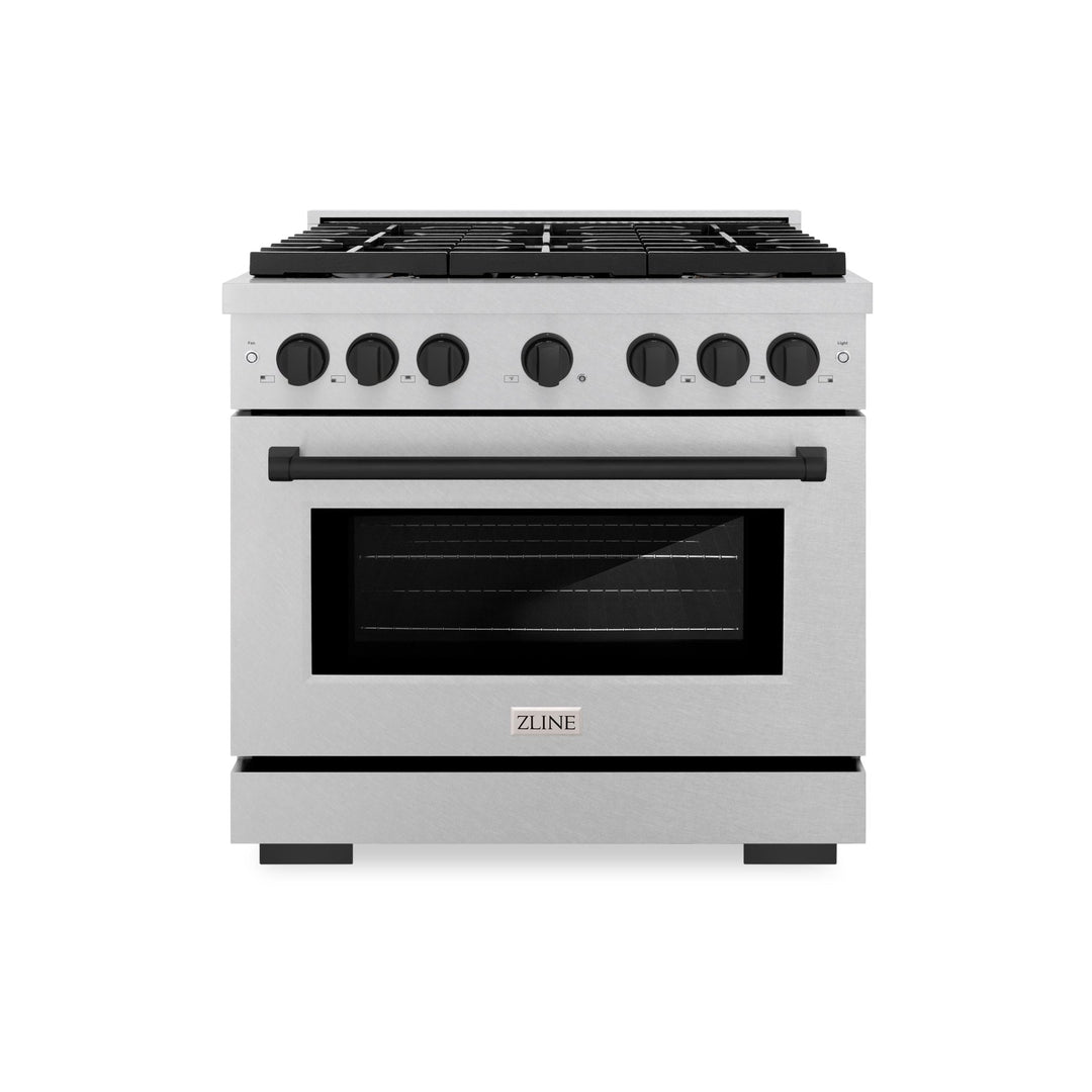 ZLINE Autograph Edition 36 in. 5.2 cu. ft. Paramount Dual Fuel Range with 6 Burner Gas Cooktop and Electric Convection Oven in Satin Stainless Steel with Matte Black Accents (SDRSZ-36-MB)
