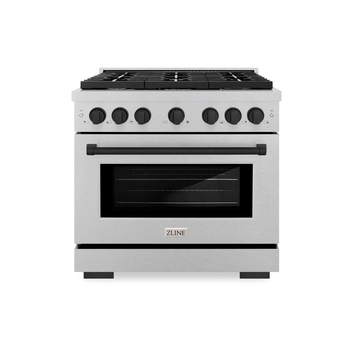 ZLINE Autograph Edition 36 in. 5.2 cu. ft. Paramount Dual Fuel Range with 6 Burner Gas Cooktop and Electric Convection Oven in Satin Stainless Steel with Matte Black Accents (SDRSZ-36-MB)