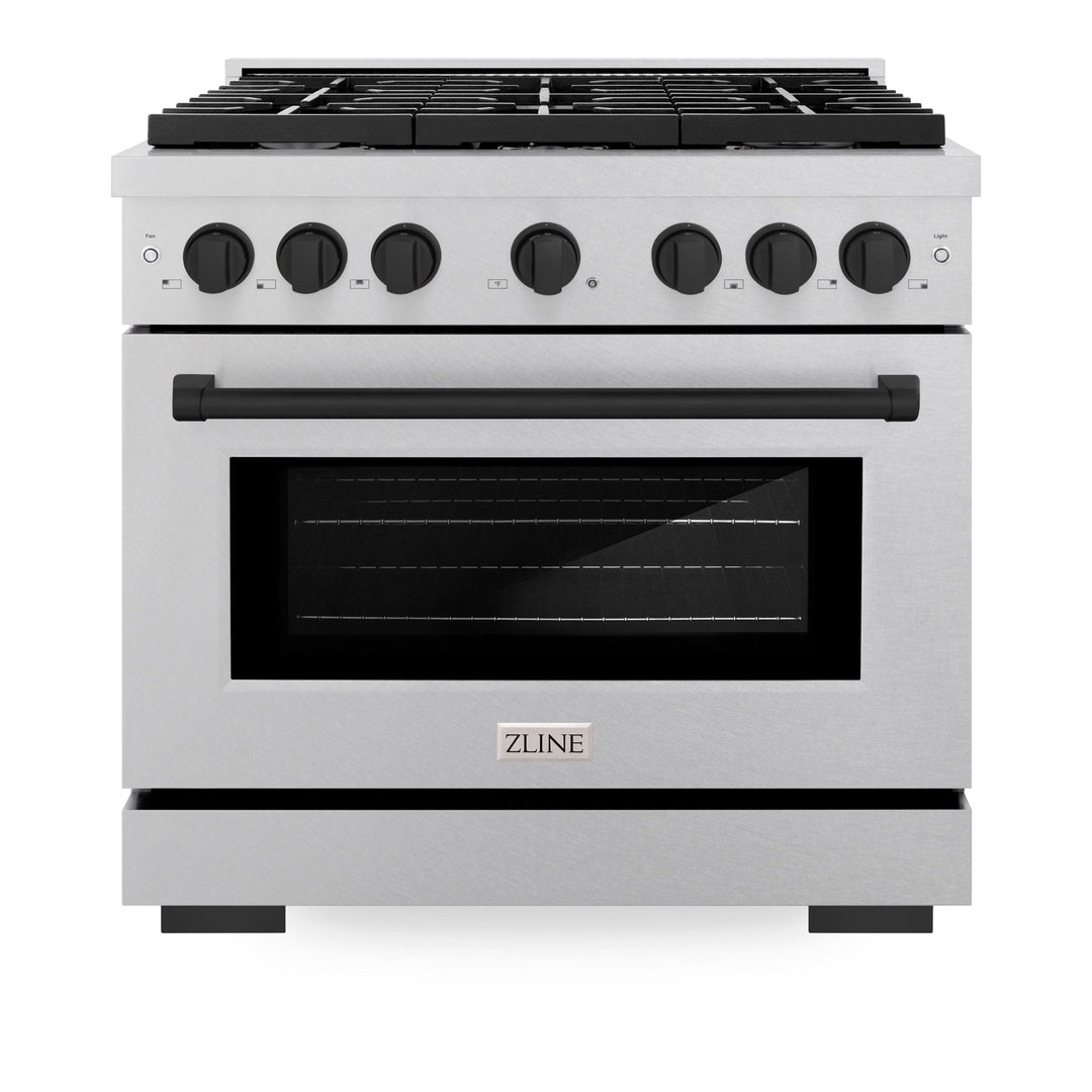 ZLINE Autograph Edition 36 in. 5.2 cu. ft. Paramount Dual Fuel Range with 6 Burner Gas Cooktop and Electric Convection Oven in Satin Stainless Steel with Matte Black Accents (SDRSZ-36-MB)