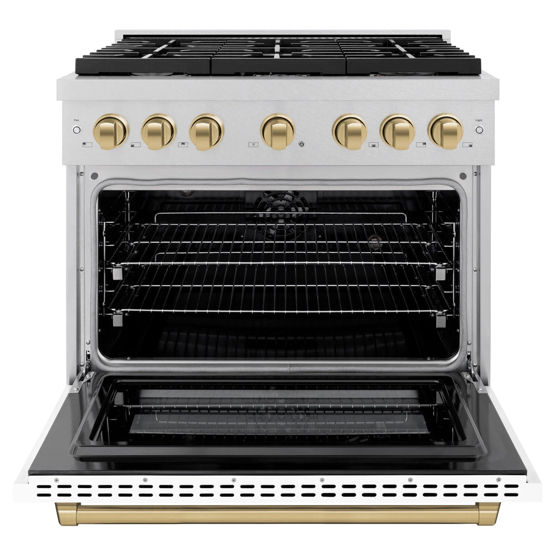 ZLINE Autograph Edition 36 in. 5.2 cu. ft. Paramount Dual Fuel Range with 6 Burner Gas Cooktop and Electric Convection Oven in Satin Stainless Steel with White Matte Door and Champagne Bronze Accents (SDRSZ-WM-36-CB)