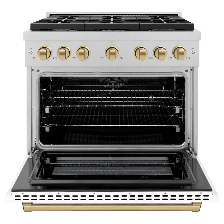 ZLINE Autograph Edition 36 in. 5.2 cu. ft. Paramount Dual Fuel Range with 6 Burner Gas Cooktop and Electric Convection Oven in Satin Stainless Steel with White Matte Door and Champagne Bronze Accents (SDRSZ-WM-36-CB)