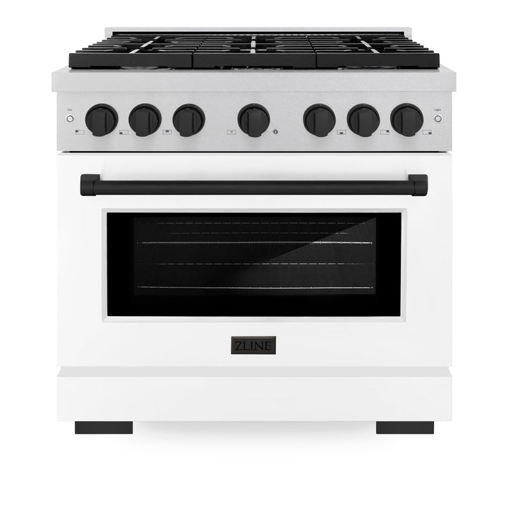 ZLINE Autograph Edition 36 in. 5.2 cu. ft. Paramount Dual Fuel Range with 6 Burner Gas Cooktop and Electric Convection Oven in Satin Stainless Steel with White Matte Door and Matte Black Accents (SDRSZ-WM-36-MB)