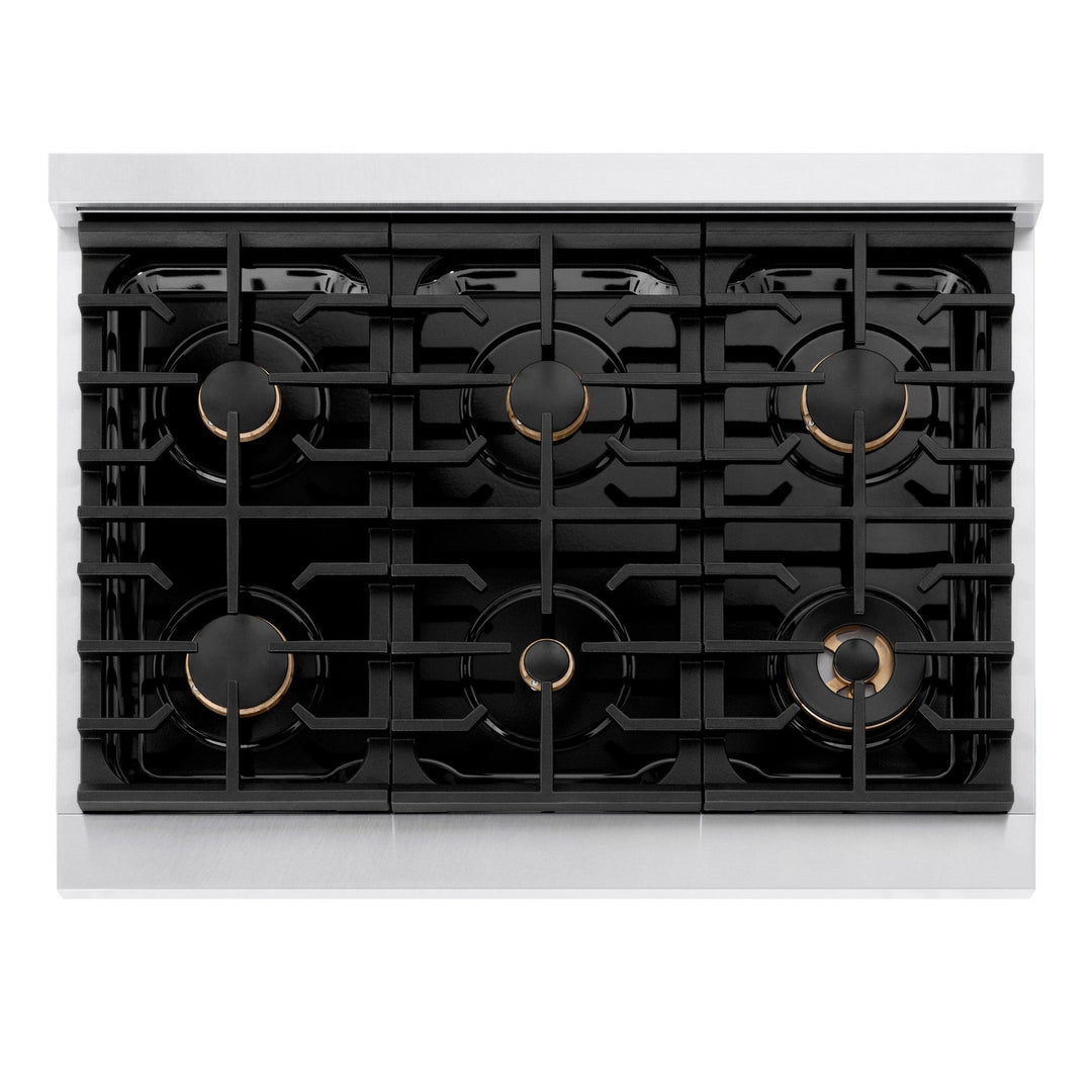ZLINE Autograph Edition 36 in. 5.2 cu. ft. Paramount Dual Fuel Range with 6 Burner Gas Cooktop and Electric Convection Oven in Satin Stainless Steel with White Matte Door and Polished Gold Accents (SDRSZ-WM-36-G)