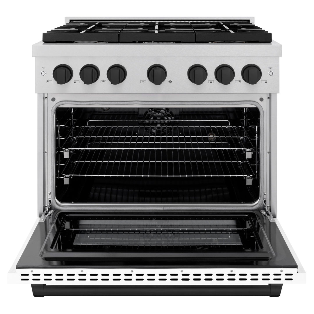 ZLINE Autograph Edition 36 in. 5.2 cu. ft. Paramount Dual Fuel Range with 6 Burner Gas Cooktop and Electric Convection Oven in Satin Stainless Steel with White Matte Door and Matte Black Accents (SDRSZ-WM-36-MB)
