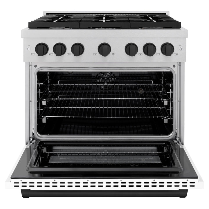 ZLINE Autograph Edition 36 in. 5.2 cu. ft. Paramount Dual Fuel Range with 6 Burner Gas Cooktop and Electric Convection Oven in Satin Stainless Steel with White Matte Door and Matte Black Accents (SDRSZ-WM-36-MB)