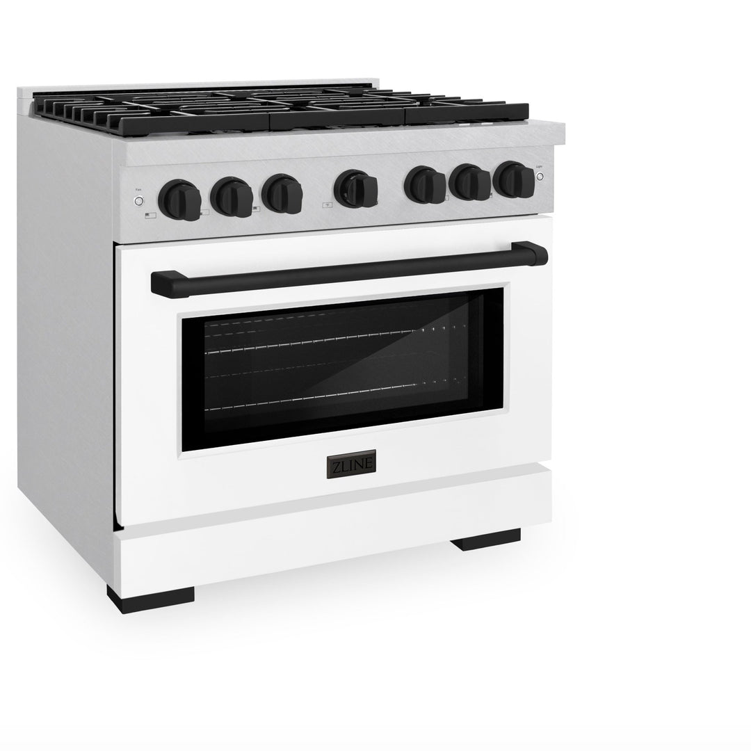 ZLINE Autograph Edition 36 in. 5.2 cu. ft. Paramount Dual Fuel Range with 6 Burner Gas Cooktop and Electric Convection Oven in Satin Stainless Steel with White Matte Door and Matte Black Accents (SDRSZ-WM-36-MB)