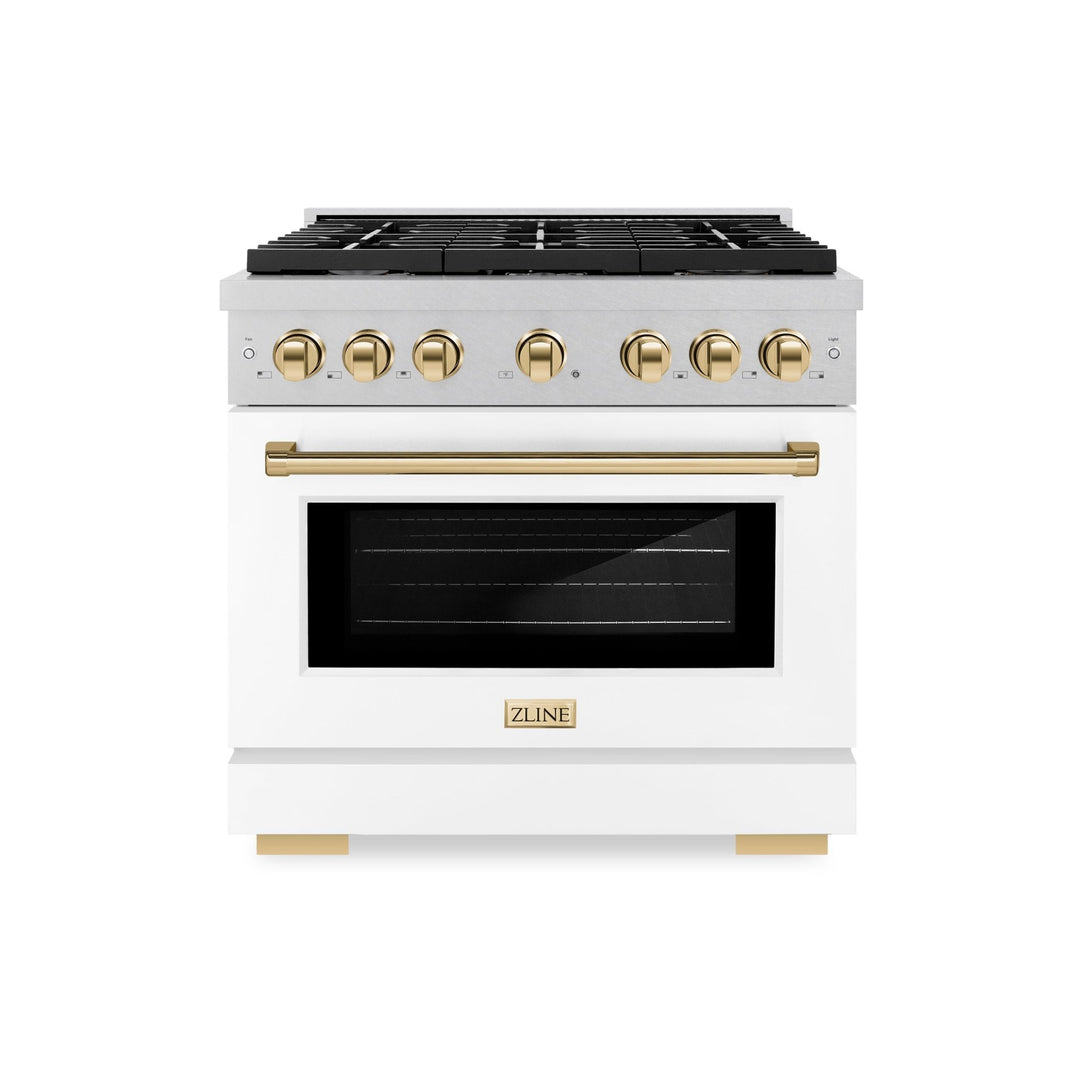 ZLINE Autograph Edition 36 in. 5.2 cu. ft. Paramount Dual Fuel Range with 6 Burner Gas Cooktop and Electric Convection Oven in Satin Stainless Steel with White Matte Door and Polished Gold Accents (SDRSZ-WM-36-G)