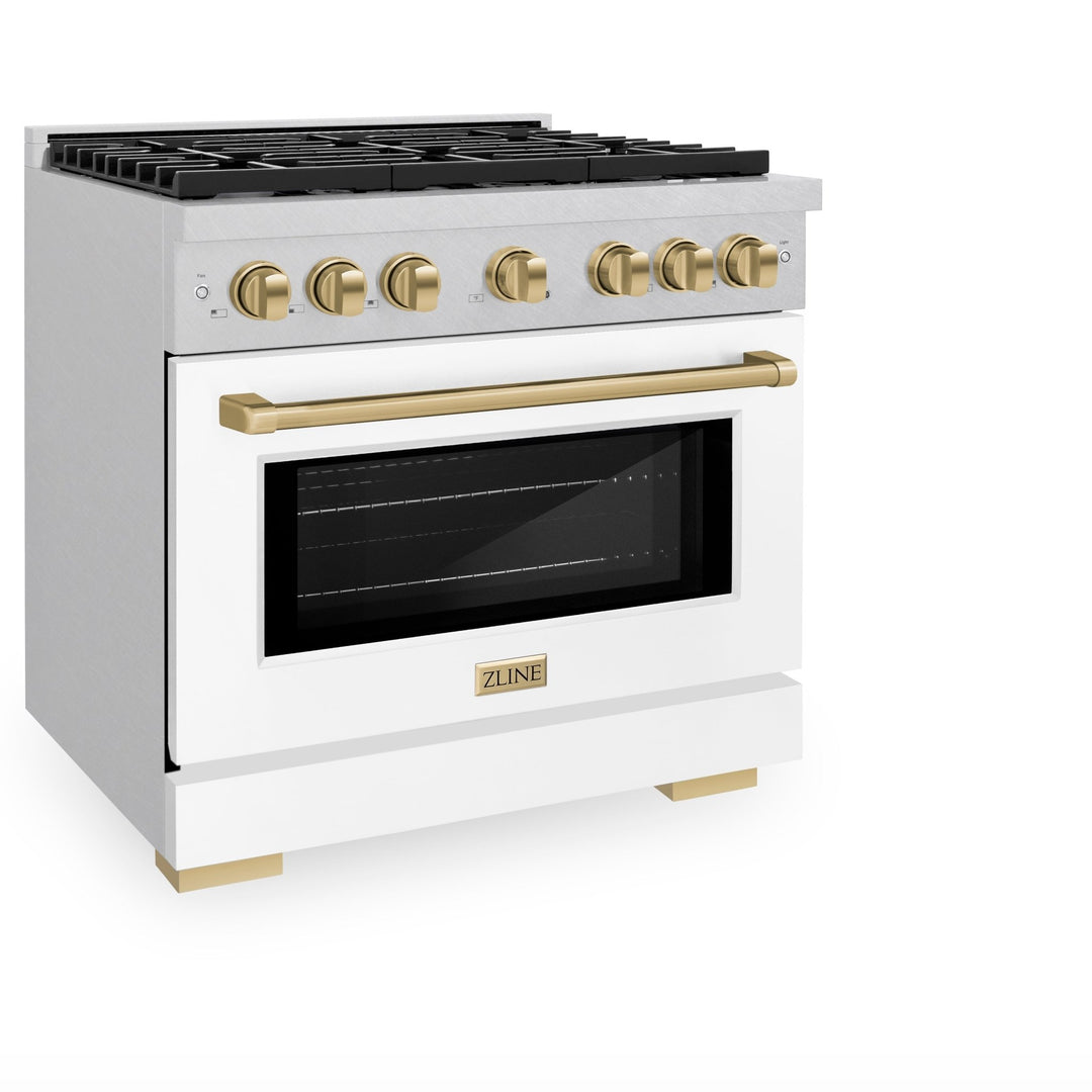 ZLINE Autograph Edition 36 in. 5.2 cu. ft. Paramount Dual Fuel Range with 6 Burner Gas Cooktop and Electric Convection Oven in Satin Stainless Steel with White Matte Door and Champagne Bronze Accents (SDRSZ-WM-36-CB)