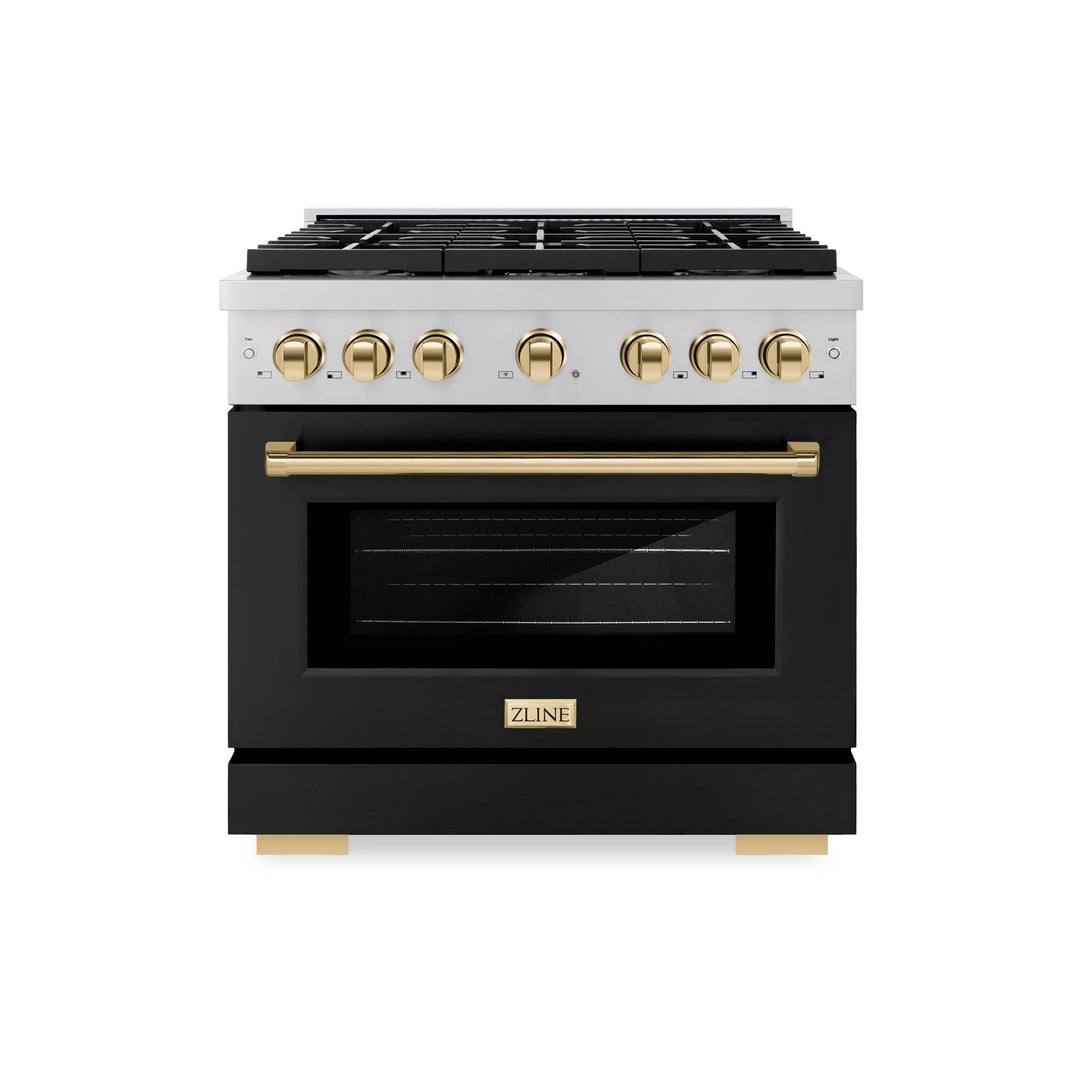 ZLINE Autograph Edition 36 in. 5.2 cu. ft. Paramount Dual Fuel Range with 6 Burner Gas Cooktop and Electric Convection Oven in Stainless Steel with Black Matte Door and Polished Gold Accents (SDRZ-BLM-36-G)