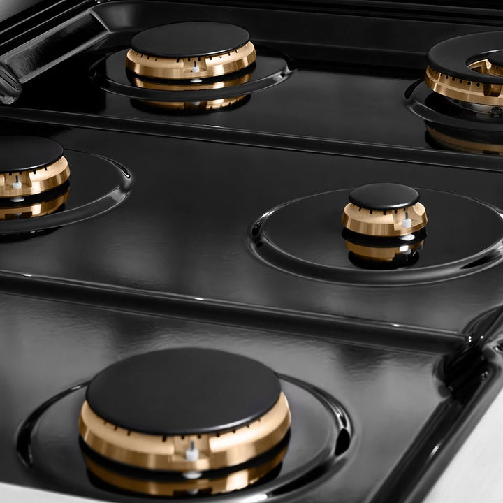 ZLINE Autograph Edition 36 in. 5.2 cu. ft. Paramount Dual Fuel Range with 6 Burner Gas Cooktop and Electric Convection Oven in Stainless Steel with Polished Gold Helix Handle and Knob Accents (SDRZ-36-KG)