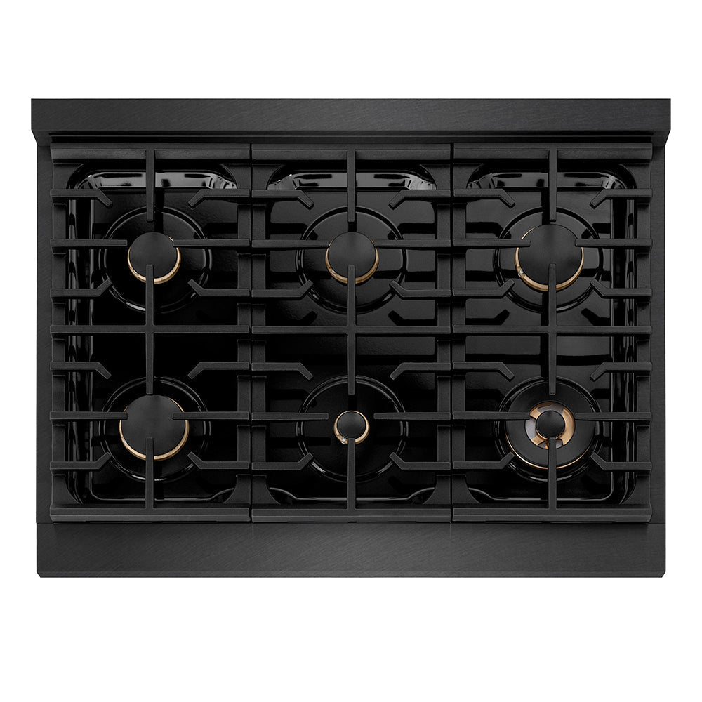 ZLINE Autograph Edition 36 in. 5.2 cu. ft. Paramount Gas Range with 6 Burner Cooktop and Convection Gas Oven in Black Satin Stainless Steel and Polished Gold Accents (SGRBSZ-36-G)