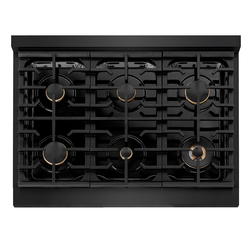 ZLINE Autograph Edition 36 in. 5.2 cu. ft. Paramount Gas Range with 6 Burner Cooktop and Convection Gas Oven in Black Stainless Steel with Champagne Bronze Helix Handle and Knob Accents (SGRBZ-36-KCB)