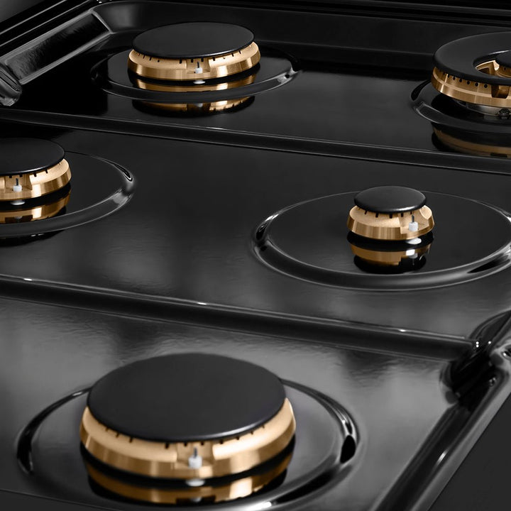 ZLINE Autograph Edition 36 in. 5.2 cu. ft. Paramount Gas Range with 6 Burner Cooktop and Convection Gas Oven in Black Stainless Steel with Champagne Bronze Helix Handle and Knob Accents (SGRBZ-36-KCB)