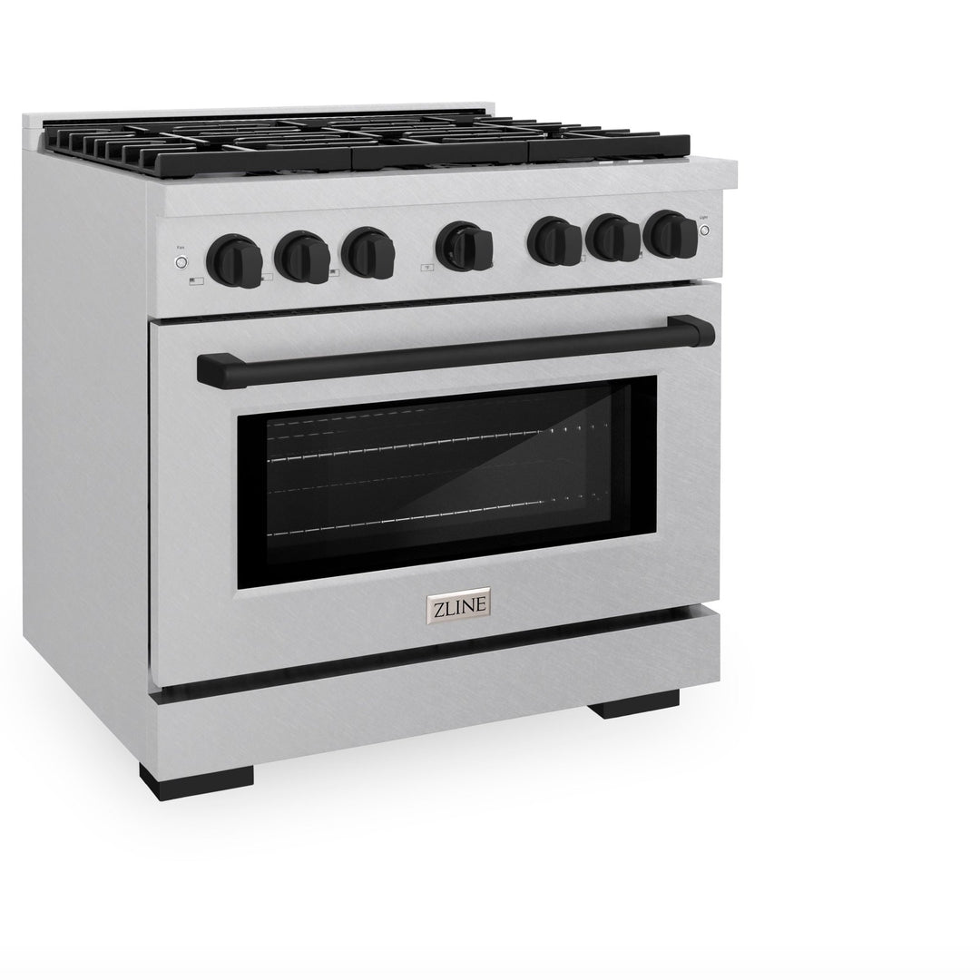 ZLINE Autograph Edition 36 in. 5.2 cu. ft. Paramount Gas Range with 6 Burner Cooktop and Convection Gas Oven in Satin Stainless Steel and Matte Black Accents (SGRSZ-36-MB)
