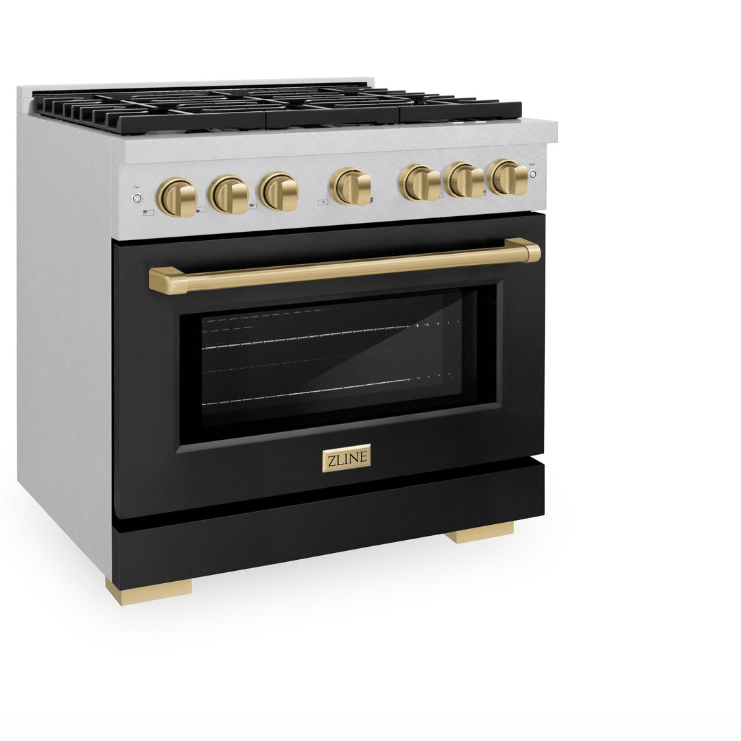 ZLINE Autograph Edition 36 in. 5.2 cu. ft. Paramount Gas Range with 6 Burner Cooktop and Convection Gas Oven in Satin Stainless Steel with Black Matte Door and Champagne Bronze Accents (SGRSZ-BLM-36-CB)