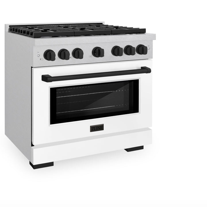 ZLINE Autograph Edition 36 in. 5.2 cu. ft. Paramount Gas Range with 6 Burner Cooktop and Convection Gas Oven in Satin Stainless Steel with White Matte Door and Matte Black Accents (SGRSZ-WM-36-MB)
