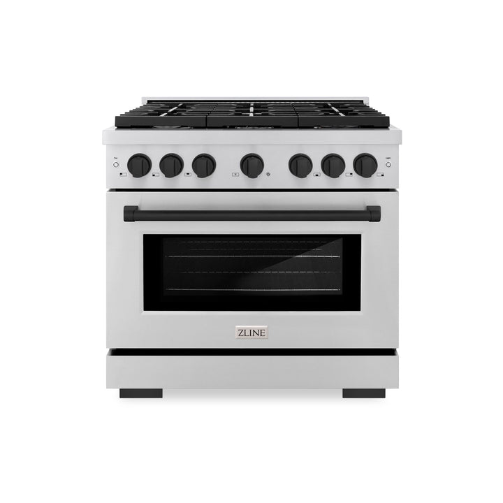 ZLINE Autograph Edition 36 in. 5.2 cu. ft. Paramount Gas Range with 6 Burner Cooktop and Convection Gas Oven in Stainless Steel and Matte Black Accents (SGRZ-36-MB)