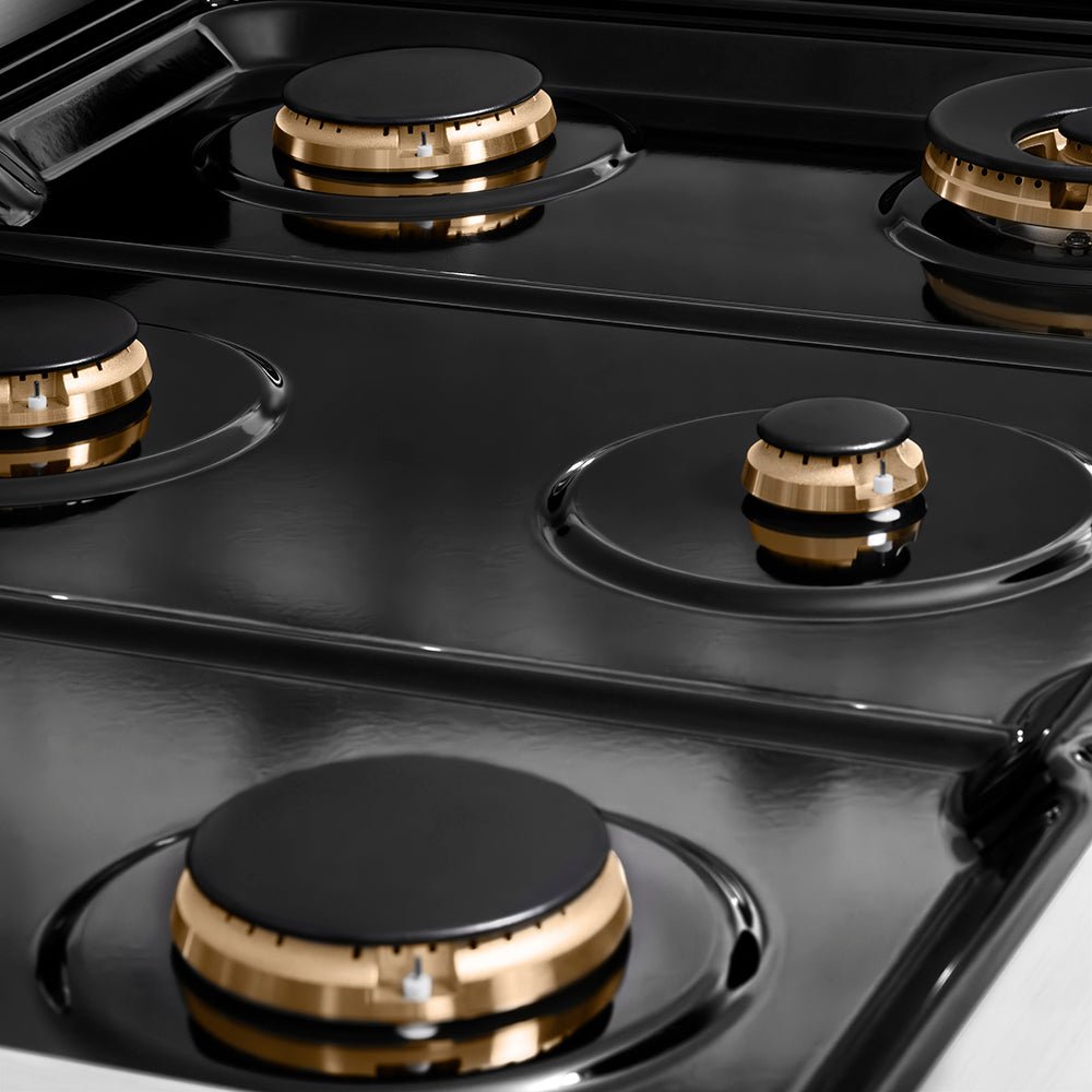 ZLINE Autograph Edition 36 in. 5.2 cu. ft. Paramount Gas Range with 6 Burner Cooktop and Convection Gas Oven in Stainless Steel with Champagne Bronze Helix Handle and Knob Accents (SGRZ-36-KCB)
