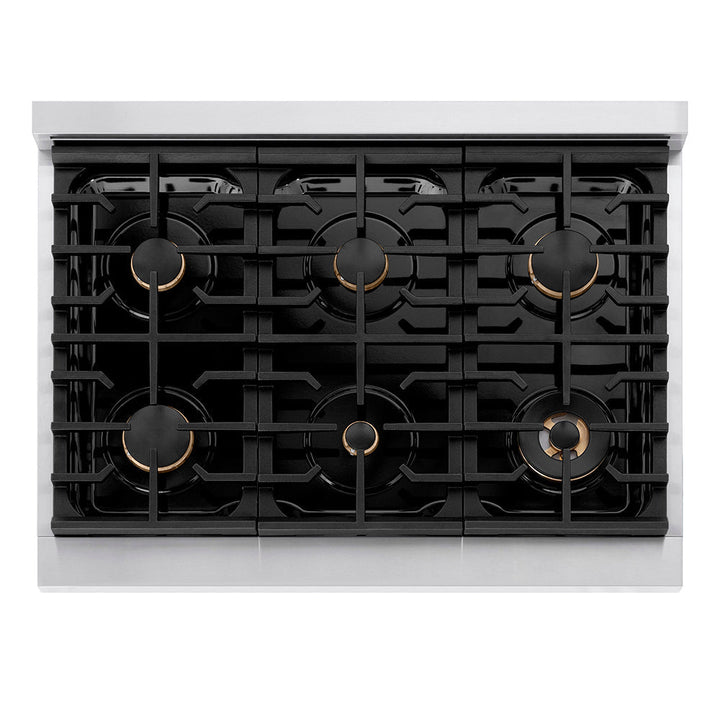ZLINE Autograph Edition 36 in. 5.2 cu. ft. Paramount Gas Range with 6 Burner Cooktop and Convection Gas Oven in Stainless Steel with Polished Nickel Helix Handle and Knob Accents (SGRZ-36-KPN)