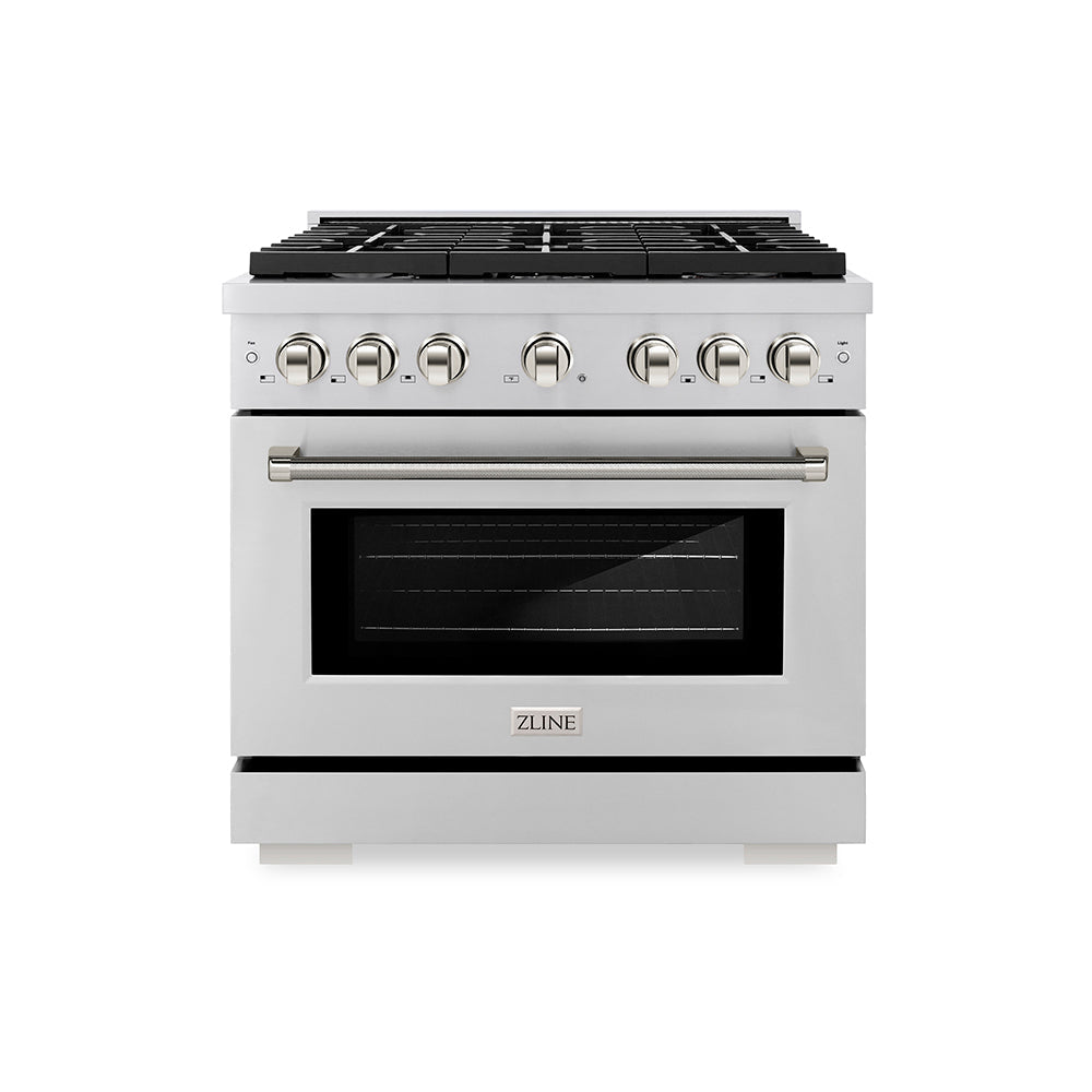 ZLINE Autograph Edition 36 in. 5.2 cu. ft. Paramount Gas Range with 6 Burner Cooktop and Convection Gas Oven in Stainless Steel with Polished Nickel Helix Handle and Knob Accents (SGRZ-36-KPN)