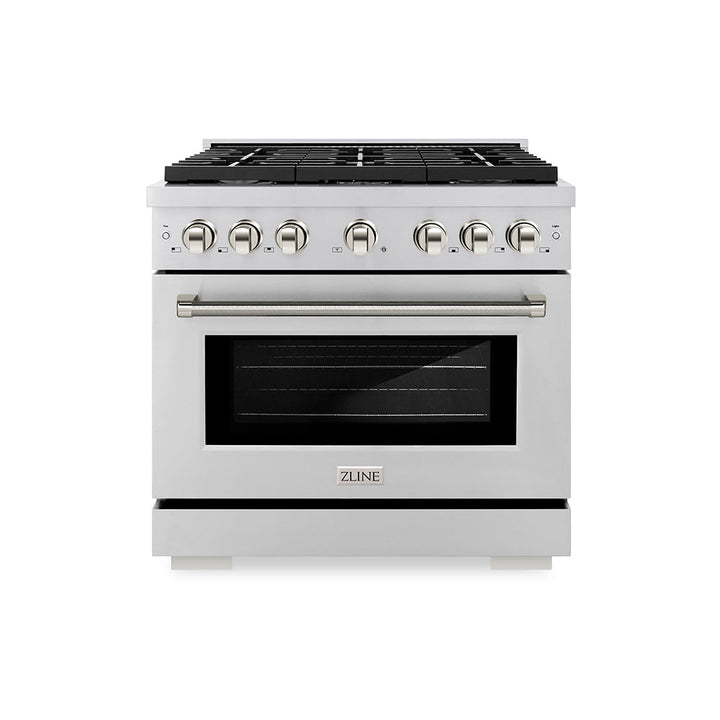 ZLINE Autograph Edition 36 in. 5.2 cu. ft. Paramount Gas Range with 6 Burner Cooktop and Convection Gas Oven in Stainless Steel with Polished Nickel Helix Handle and Knob Accents (SGRZ-36-KPN)